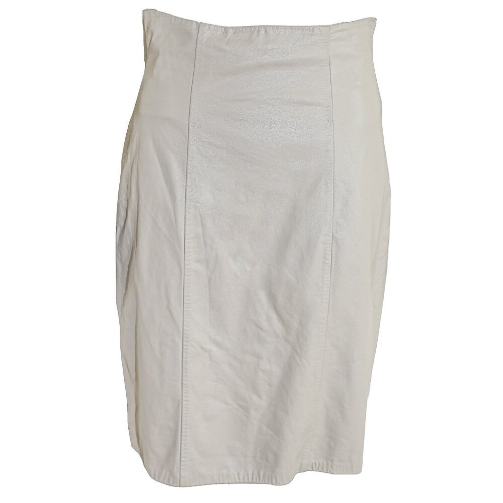 Vintage Beige Leather High Waisted‎ Pencil Knee Length Skirt Office Work Wear